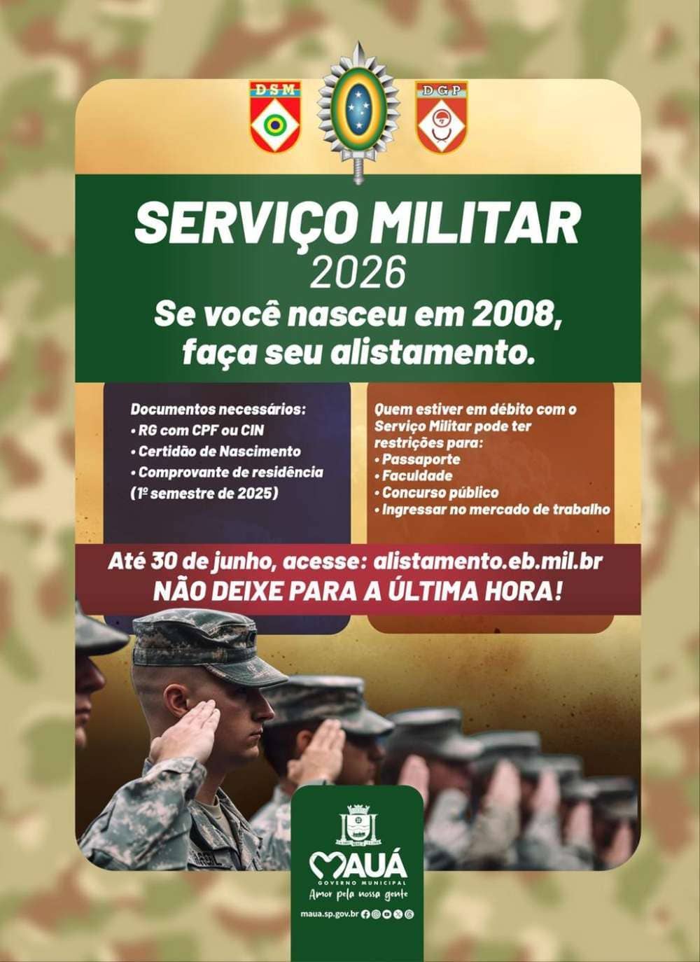 Jovens Nascidos de 2008 de Mauá - Prazo Realizar o Alistamento Militar!