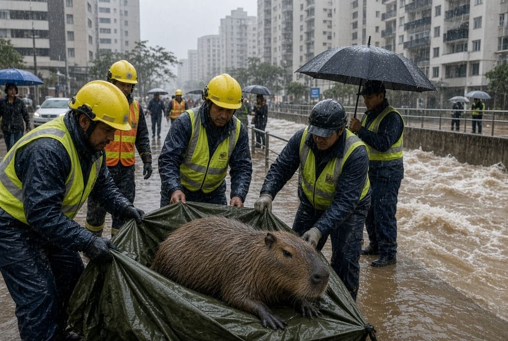 Capivara foge de córrego e é resgatada em São Caetano